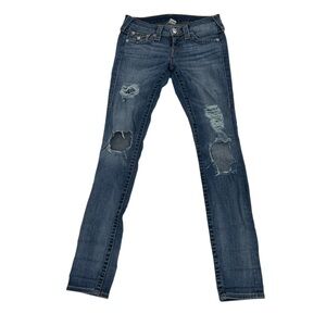 True Religion Skinny Flap Fossil Silk Distressed Jeans Size 26 Women’s